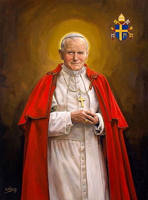 Pope Saint John Paul II in Papal Vestments with Golden Halo and Coat of Arms HD phone wallpaper