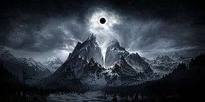 Epic Dark Fantasy Mountain Landscape with Solar Eclipse and Snowy Peaks HD wallpaper