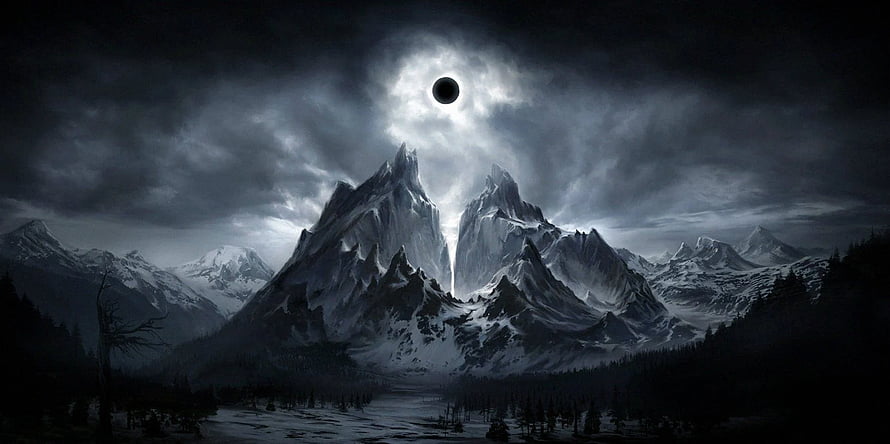 Epic Dark Fantasy Mountain Landscape with Solar Eclipse and Snowy Peaks HD wallpaper
