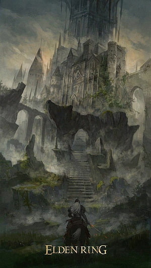 Elden Ring Tarnished Knight Approaching Ancient Castle Ruins in Misty Fantasy Landscape HD phone wallpaper