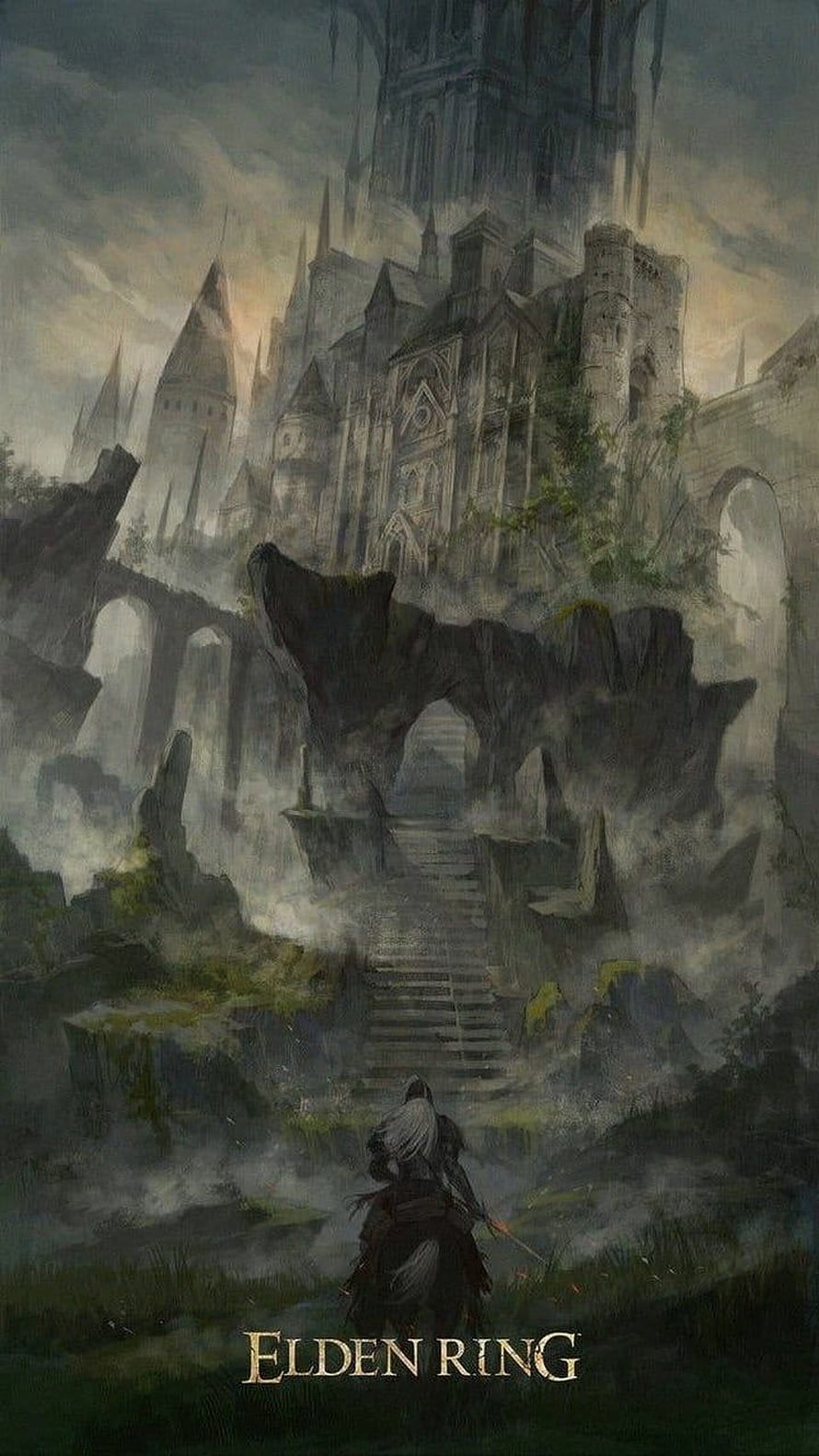 Elden Ring Tarnished Knight Approaching Ancient Castle Ruins in Misty Fantasy Landscape HD phone wallpaper