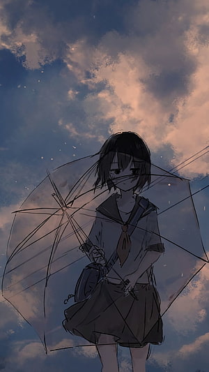Anime Girl in School Uniform Holding a Transparent Umbrella Under a Dramatic Cloudy Sky HD phone wallpaper