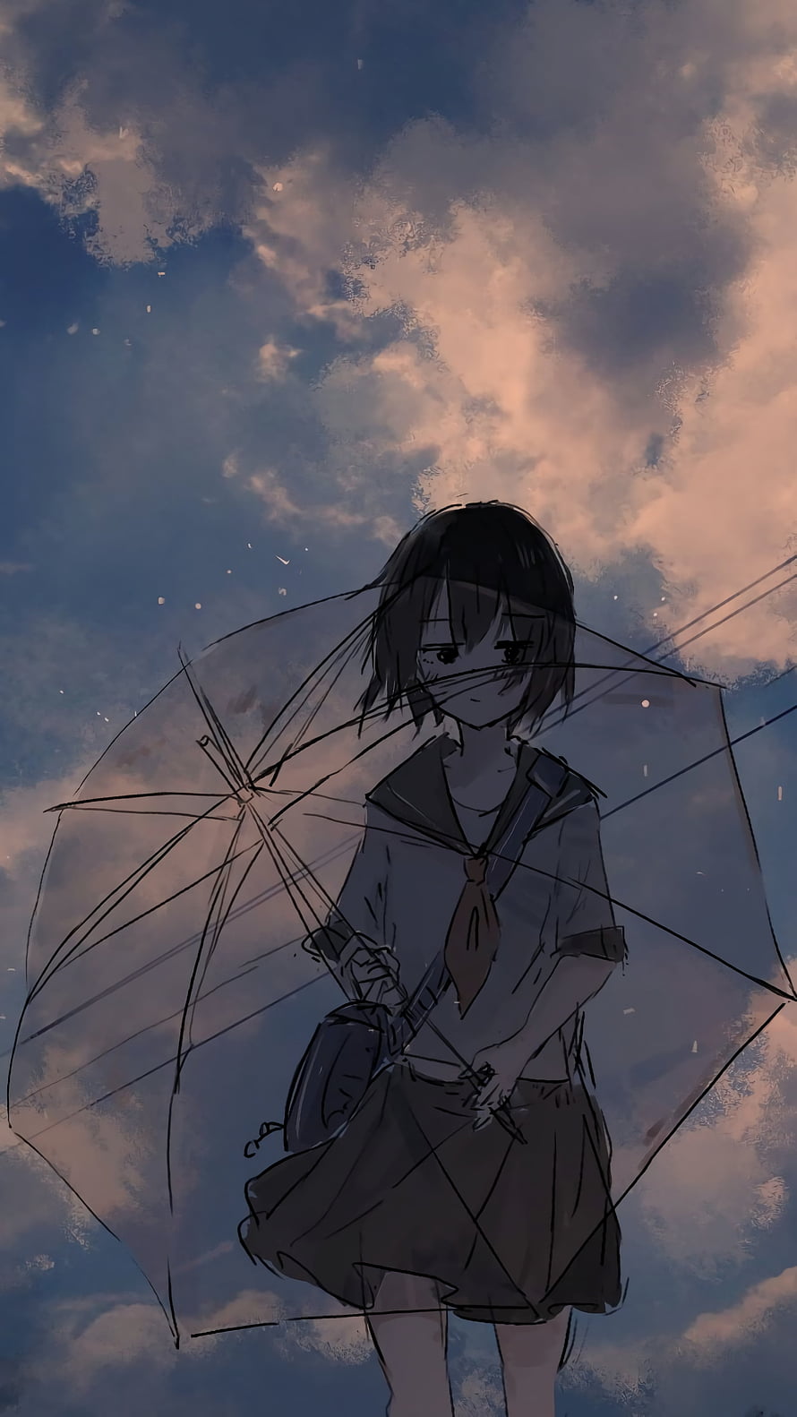 Anime Girl in School Uniform Holding a Transparent Umbrella Under a Dramatic Cloudy Sky HD phone wallpaper