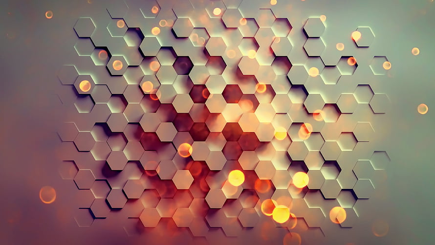 Abstract 3D Hexagon Pattern with Warm Bokeh Lights and Geometric Depth HD wallpaper
