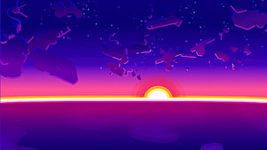 Kurzgesagt Retro Sunset with Floating Geometric Shapes and Neon Horizon HD wallpaper