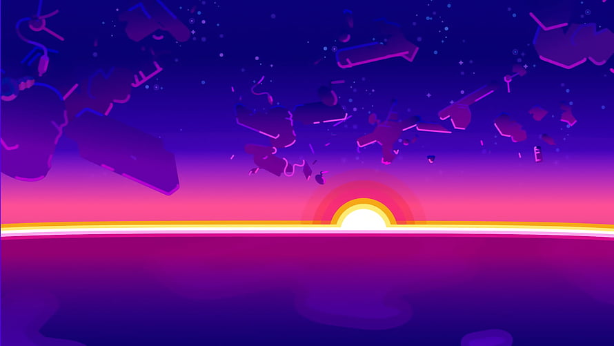 Kurzgesagt Retro Sunset with Floating Geometric Shapes and Neon Horizon HD wallpaper