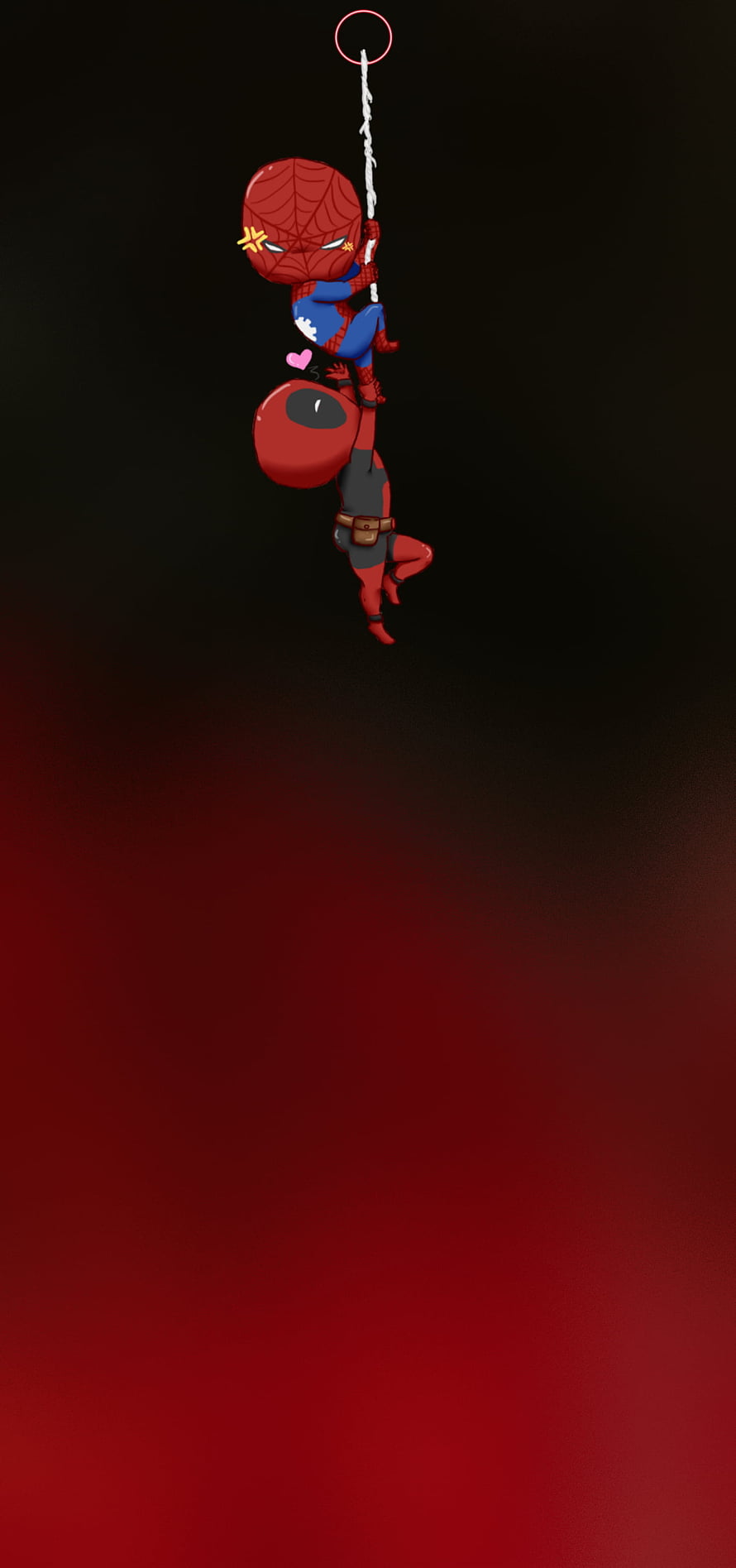 Cute Chibi Spider-Man and Deadpool Hanging from Web on Dark Red Gradient Background HD phone wallpaper