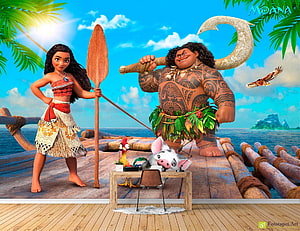 Moana and Maui on a tropical island with Pua and Heihei in a 3D animated scene HD wallpaper
