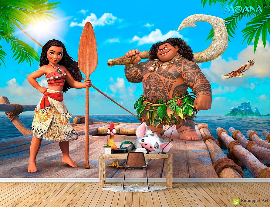 Moana and Maui on a tropical island with Pua and Heihei in a 3D animated scene HD wallpaper