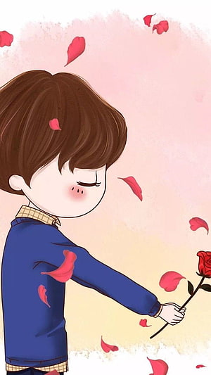 Cute Anime Boy Holding Red Rose With Falling Petals HD phone wallpaper