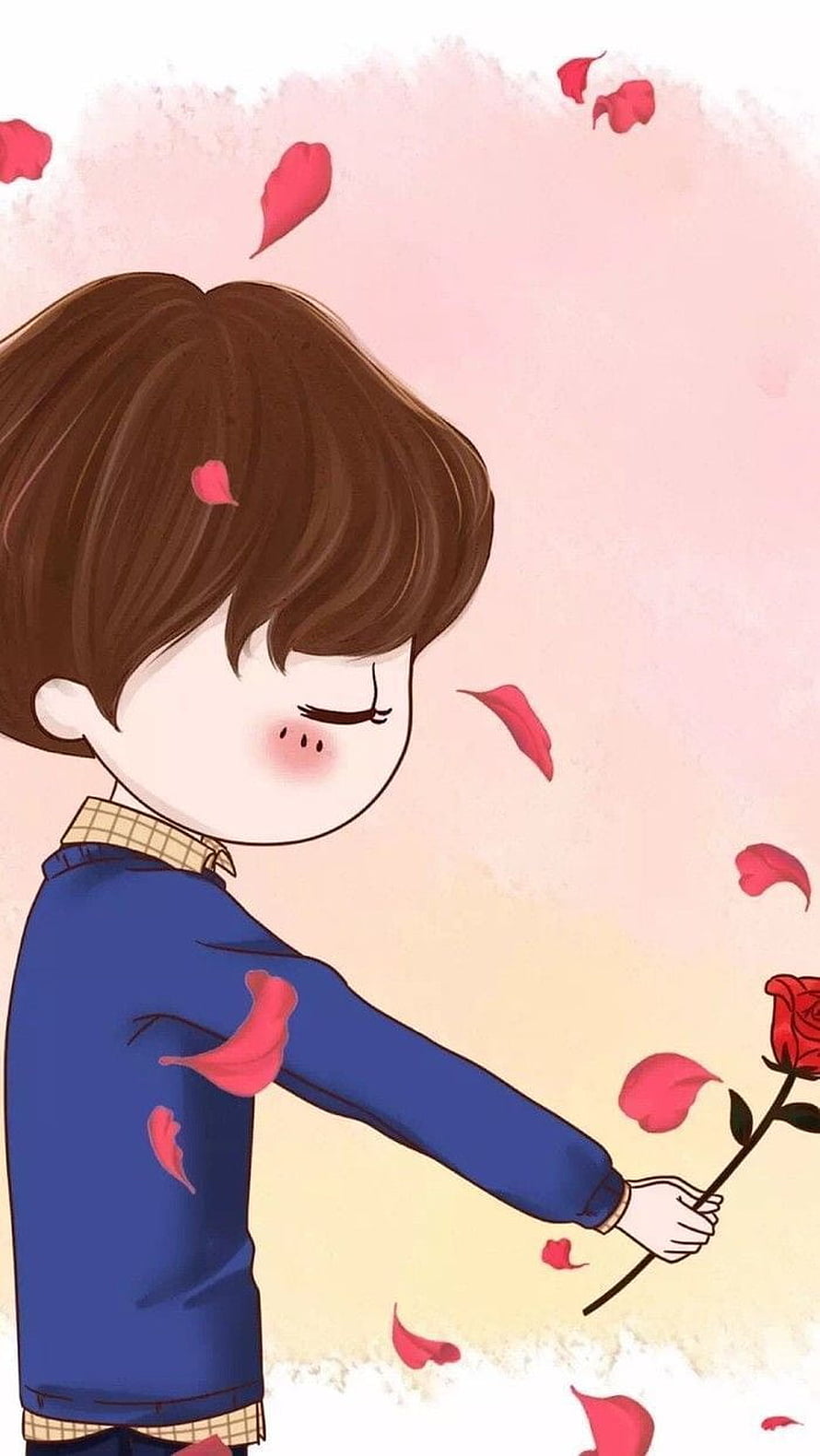 Cute Anime Boy Holding Red Rose With Falling Petals HD phone wallpaper