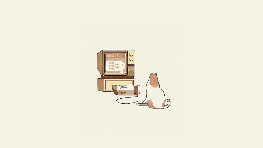 Minimalist illustration of a cat sitting in front of a retro computer setup HD wallpaper