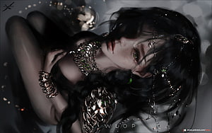 Wlop Dark Fantasy Illustration of a Reclining Woman with Ornate Jewelry and Black Hair HD wallpaper