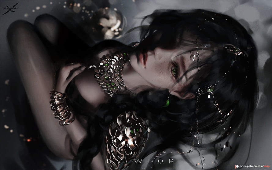 Wlop Dark Fantasy Illustration of a Reclining Woman with Ornate Jewelry and Black Hair HD wallpaper