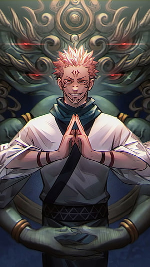 Jujutsu Kaisen Anime Character in Prayer Pose with Ornate Dragon Background HD phone wallpaper