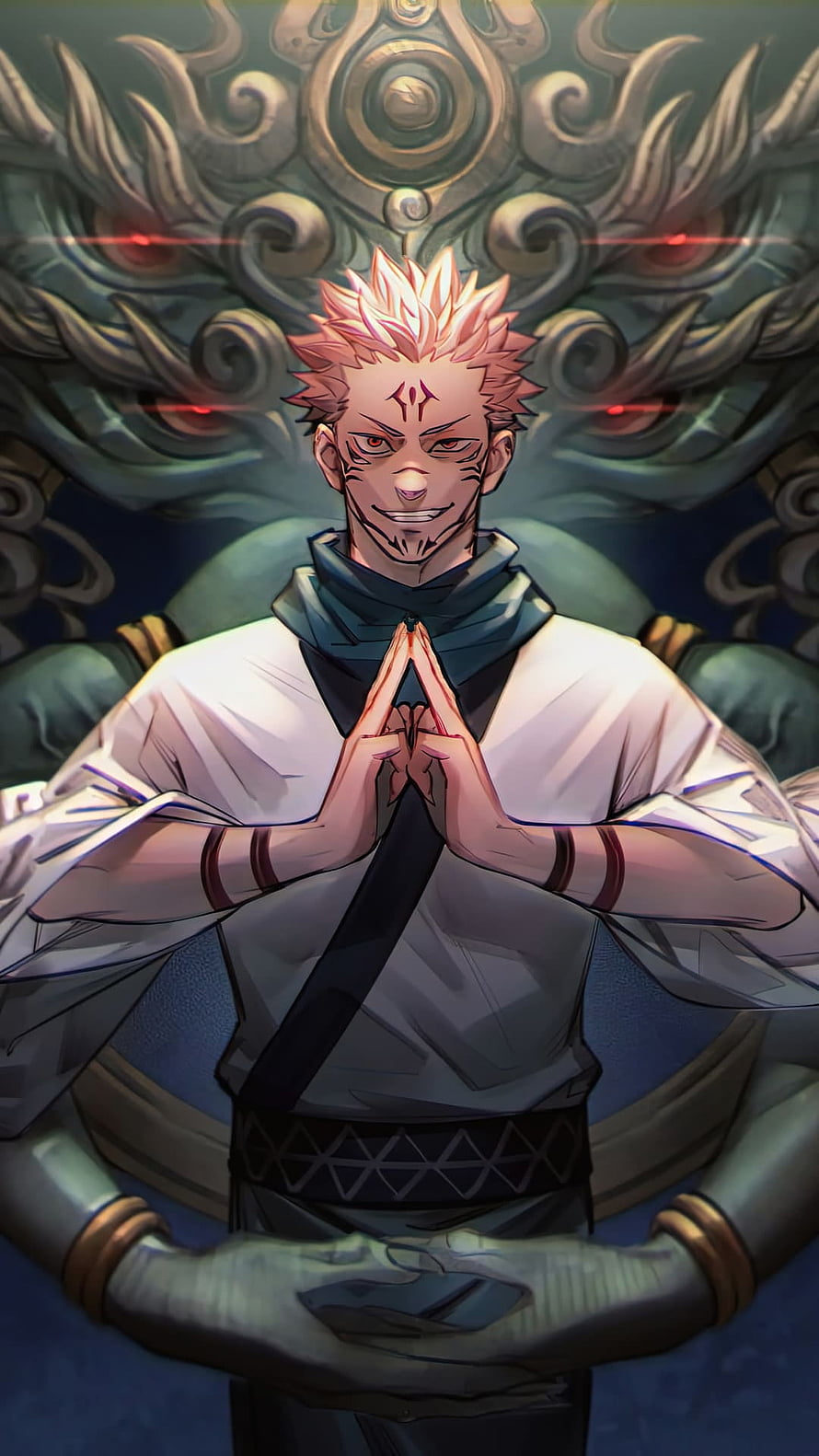 Jujutsu Kaisen Anime Character in Prayer Pose with Ornate Dragon Background HD phone wallpaper