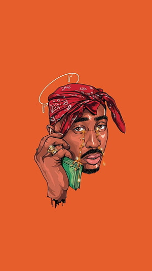 Tupac Shakur Digital Illustration with Red Bandana and Cash on Orange Background HD phone wallpaper