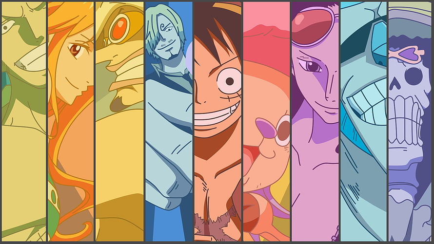 One Piece Straw Hat Crew Character Portrait Strip in Vibrant Anime Style HD wallpaper