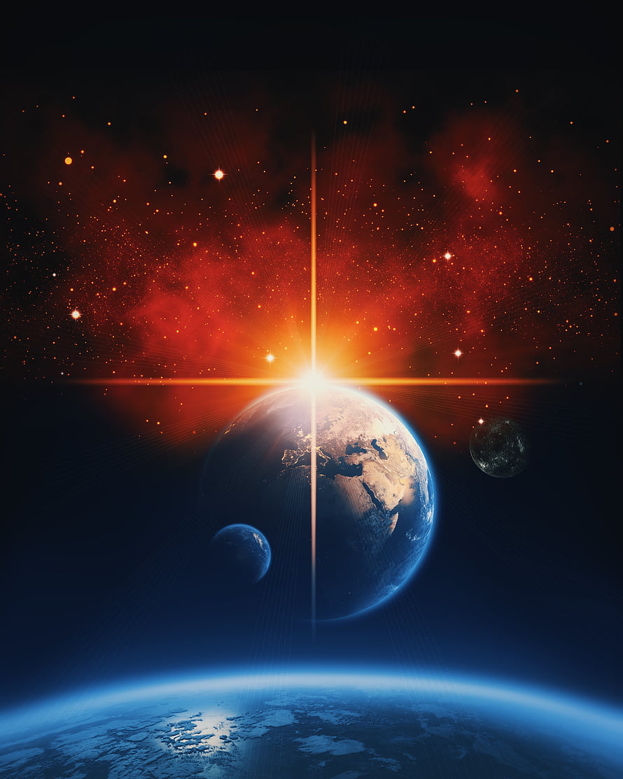 Vibrant Cosmic Scene Featuring Earth, Moons, and a Brilliant Starburst in Deep Space HD phone wallpaper