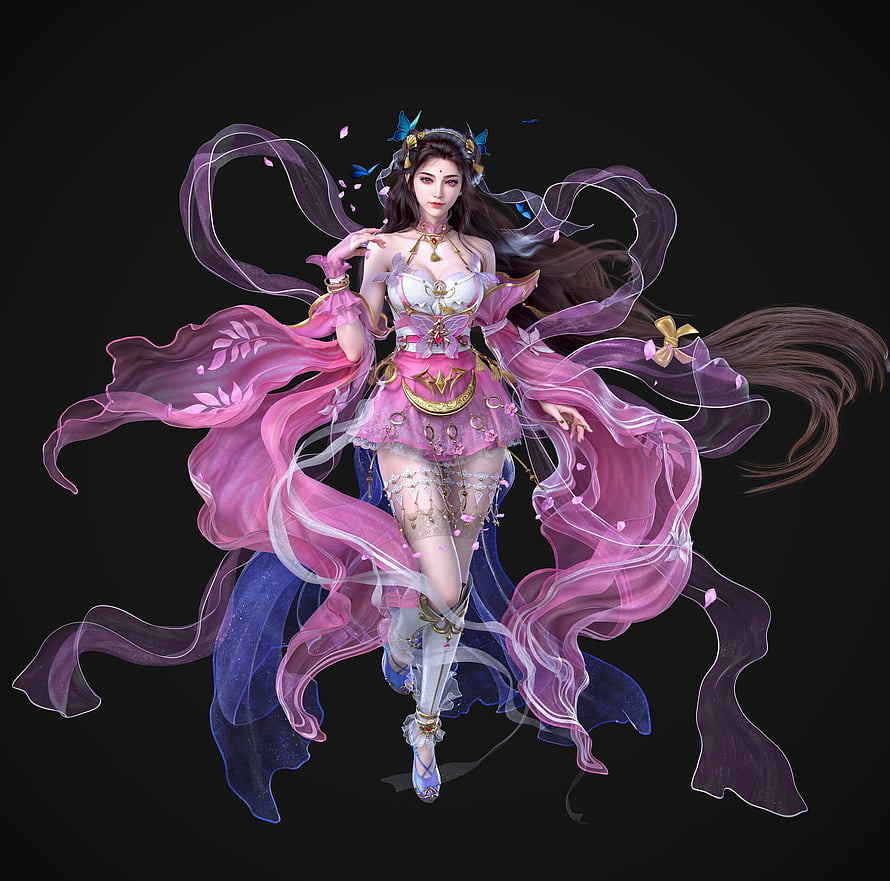 Elegant Fantasy Woman in Flowing Pink and Blue Gown with Butterfly Hair Ornaments HD wallpaper