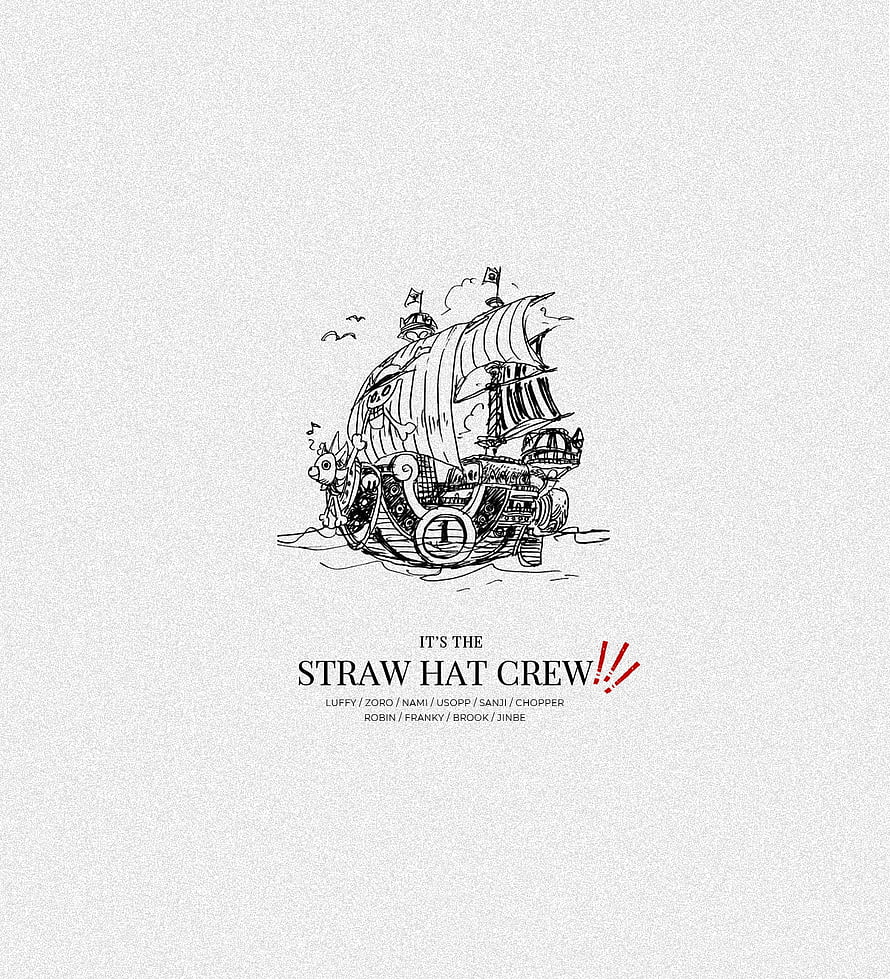 One Piece Straw Hat Crew Ship Line Art with Character Names and Minimalist Typography HD phone wallpaper
