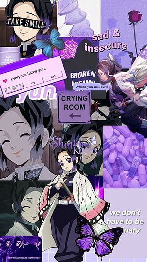 Shinobu Kocho Demon Slayer Aesthetic Collage with Purple Butterflies and Anime Art HD phone wallpaper