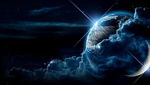 Dramatic Earth From Space With Brilliant Star Flares And Swirling Clouds HD wallpaper
