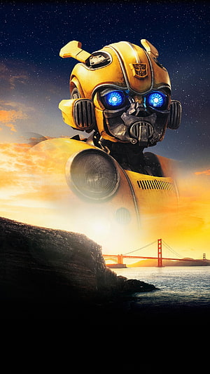 Bumblebee Transformers Movie Poster with Golden Gate Bridge at Sunset HD phone wallpaper
