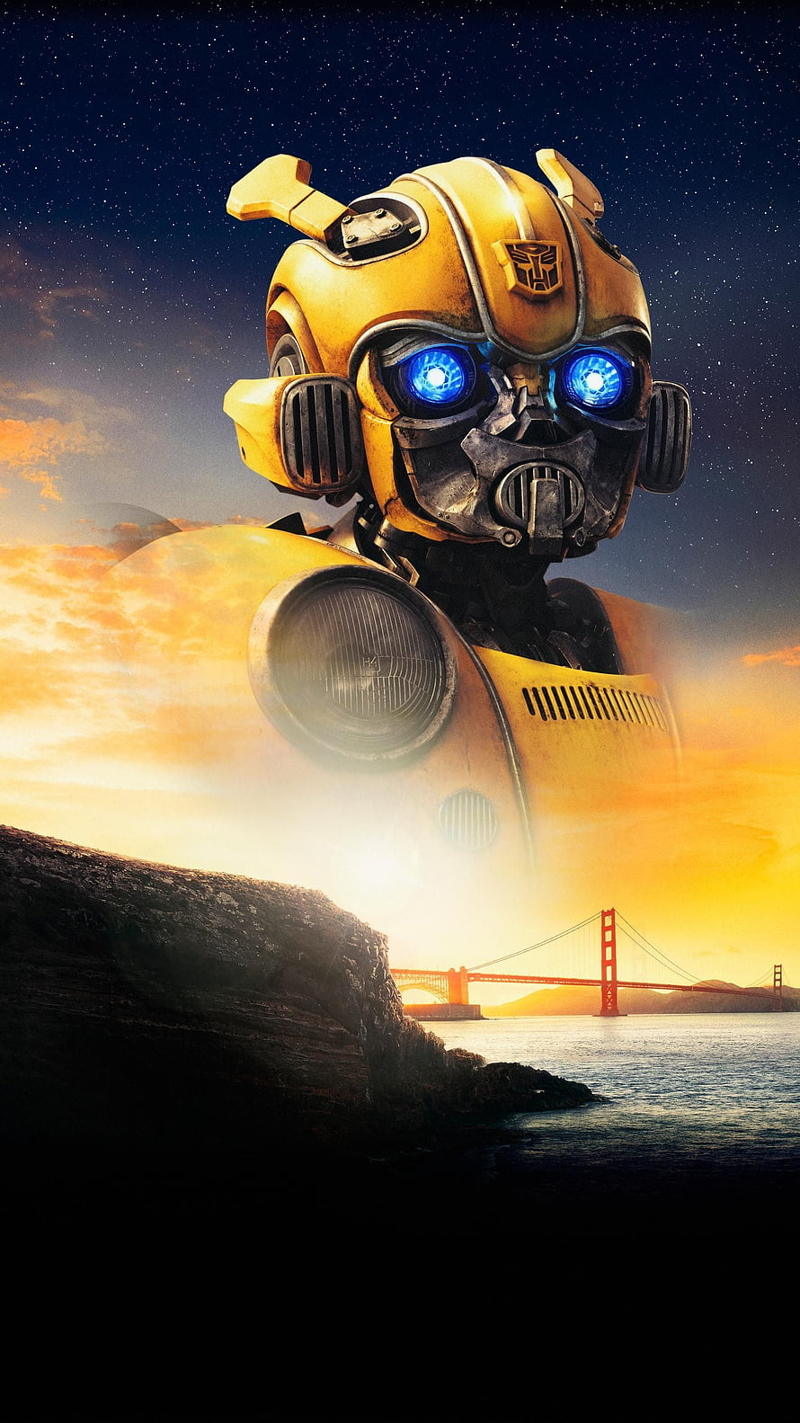 Bumblebee Transformers Movie Poster with Golden Gate Bridge at Sunset HD phone wallpaper