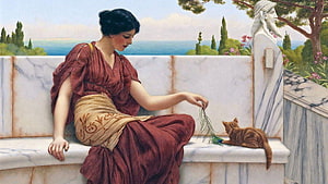 Classical Oil Painting of a Woman in a Red Robe Playing with a Cat on a Marble Balcony HD wallpaper