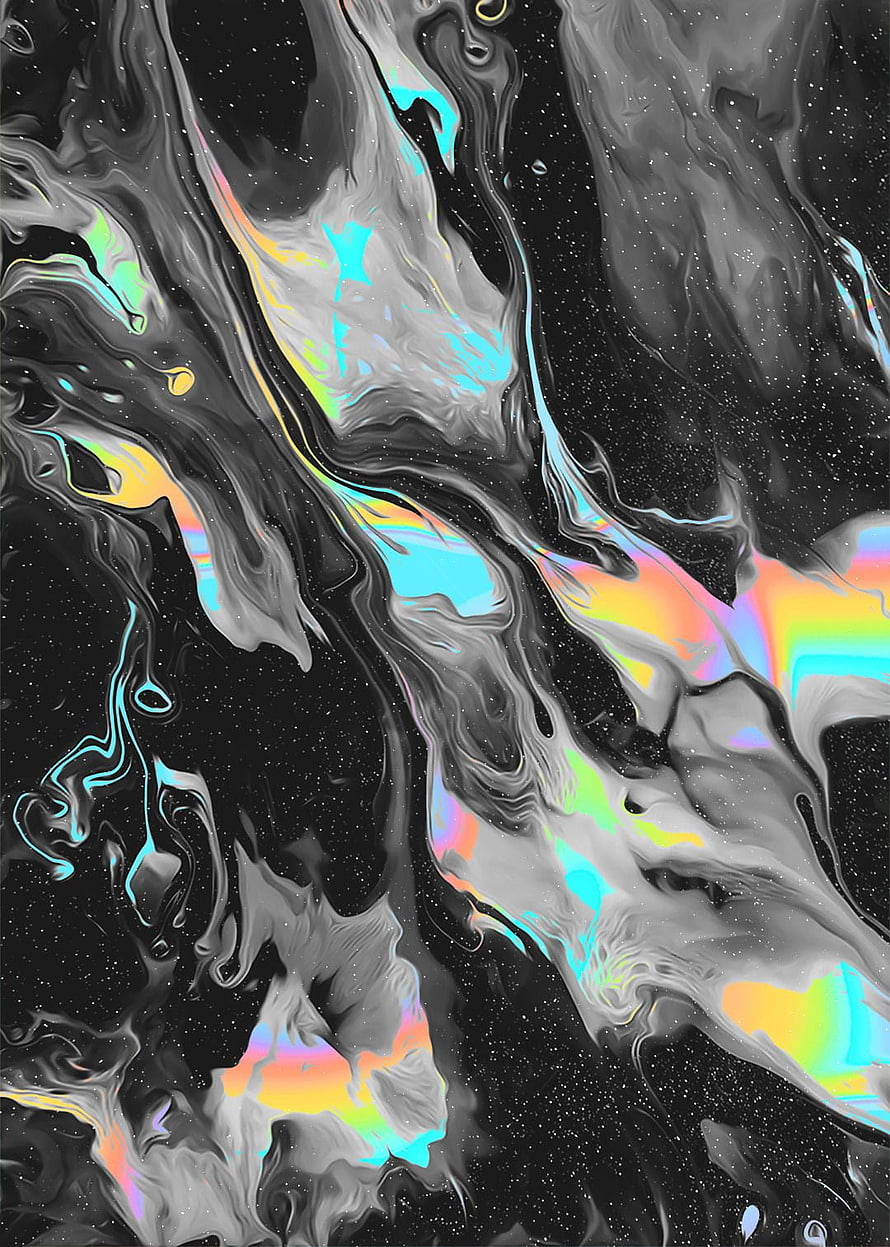 Abstract Liquid Chrome Texture with Iridescent Holographic Swirls on Black Background HD phone wallpaper