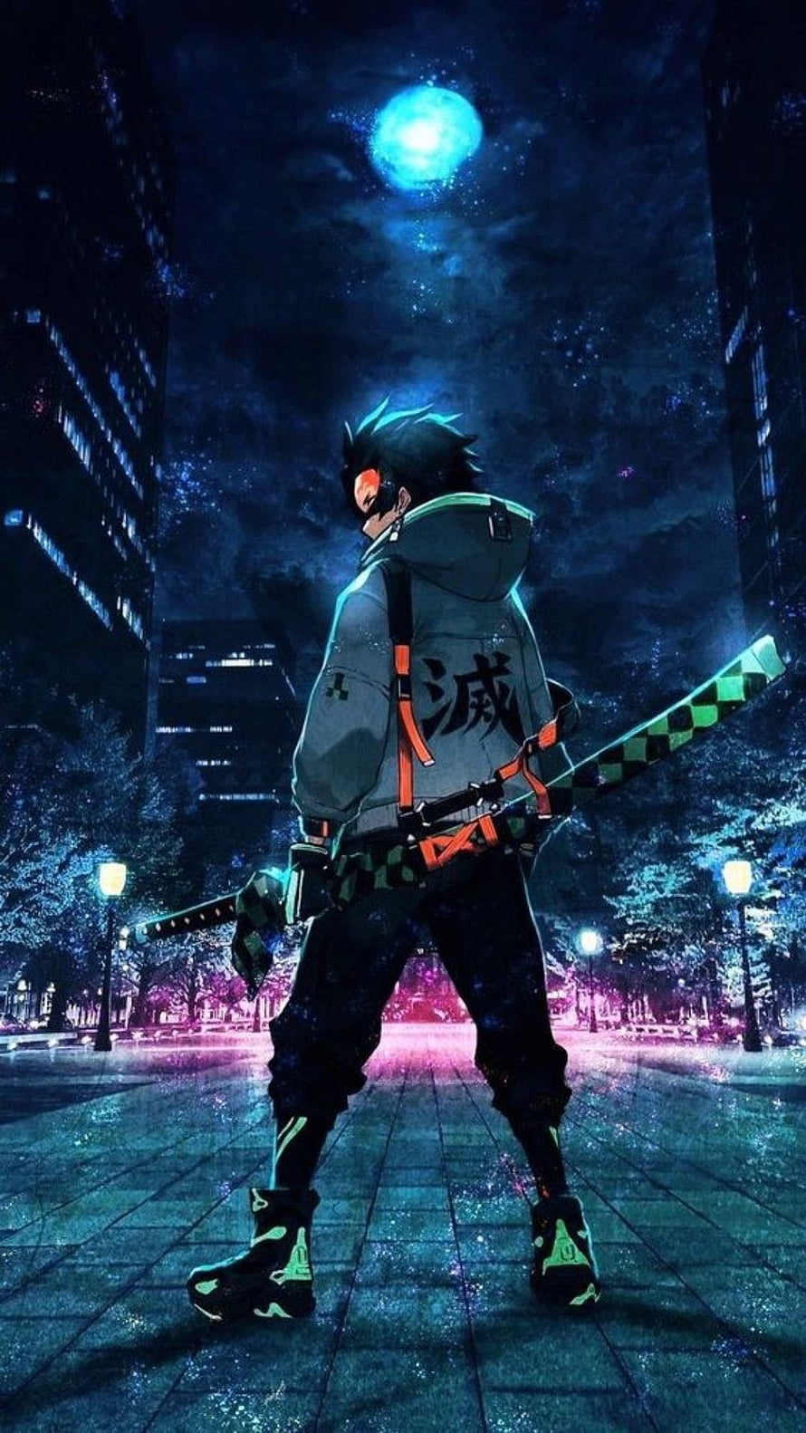 Demon Slayer Character with Nichirin Sword in Neon-Lit Night City HD phone wallpaper