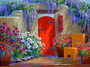 Vibrant Oil Painting of a Red Doorway Framed by Wisteria and Colorful Garden Flowers HD wallpaper