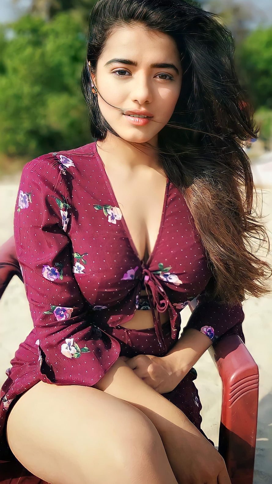 Ketika Sharma in a Maroon Floral Wrap Top with Flowing Hair HD phone wallpaper