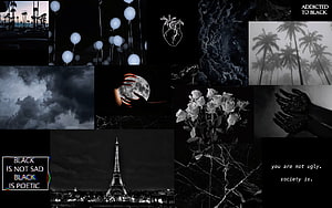 Dark Aesthetic Collage Featuring Black and White Photography, Moody Clouds, and Poetic Text HD wallpaper