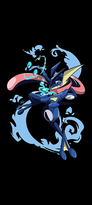 Greninja Water Type Pokemon Artwork with Dynamic Blue Splash Effects on Black Background HD phone wallpaper