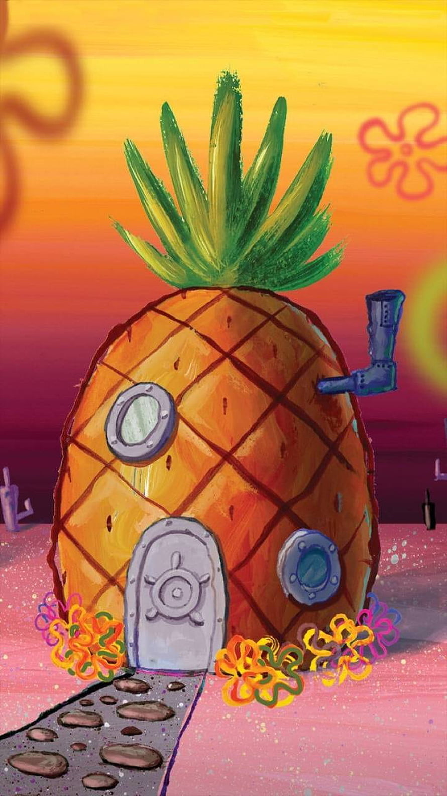 SpongeBob SquarePants Pineapple House at Sunset with Vibrant Underwater Flowers HD phone wallpaper