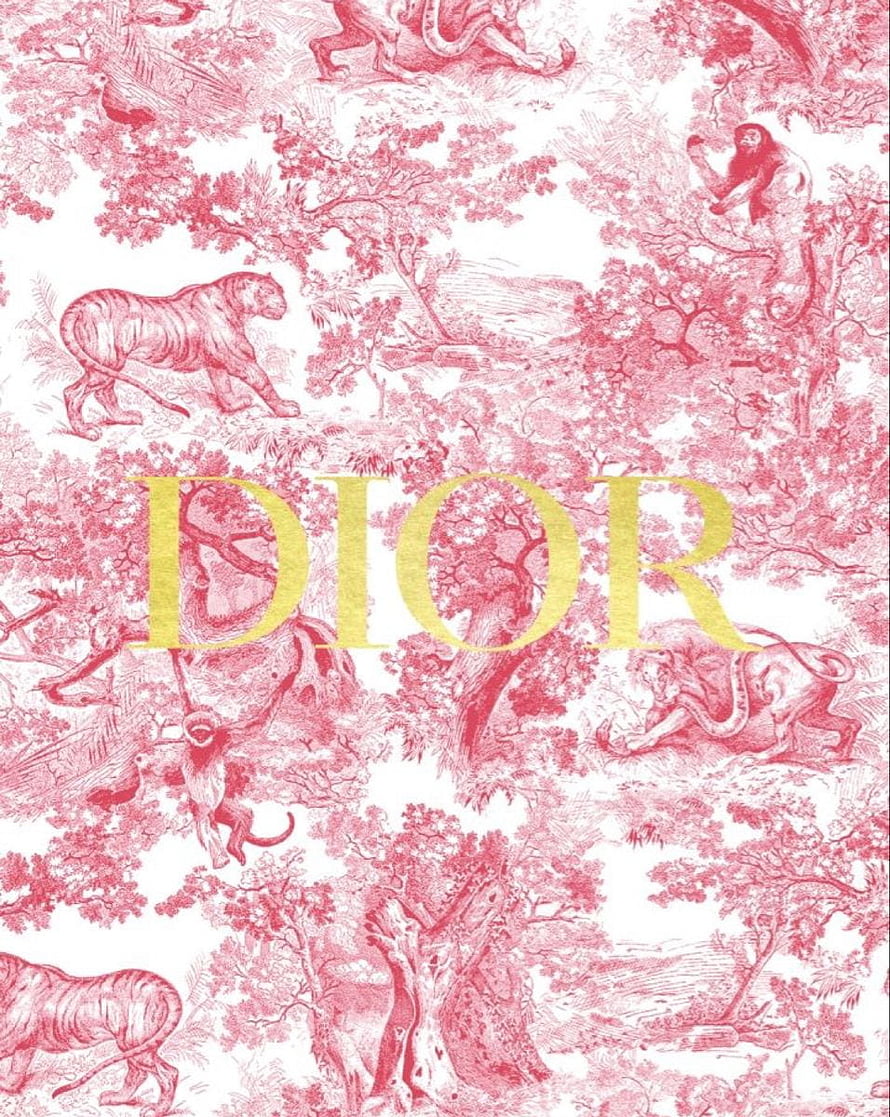 Dior Toile de Jouy Pattern with Pink Jungle Animals and Gold Logo HD phone wallpaper