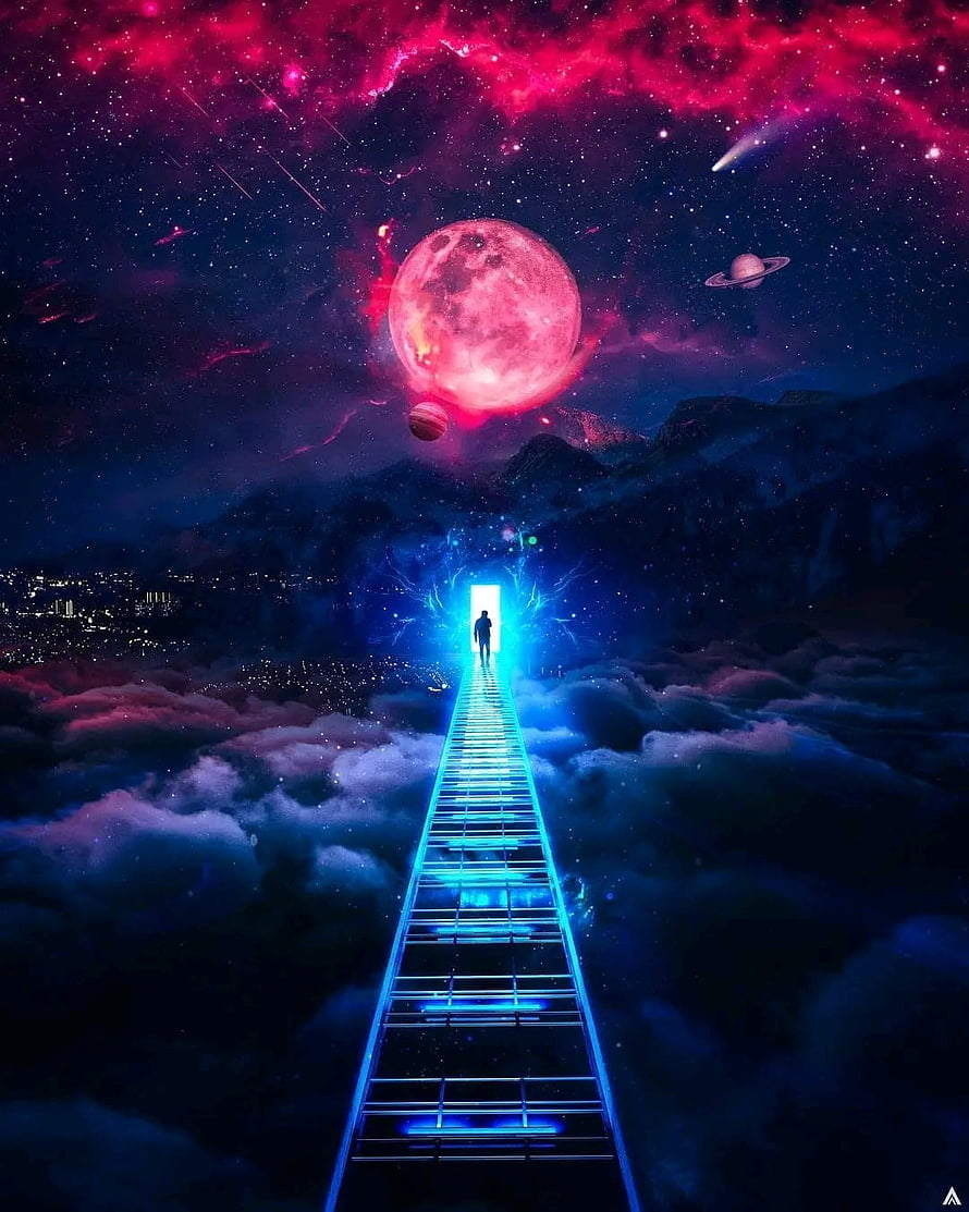 Luminous Ladder Ascending Through Cosmic Clouds Toward a Glowing Portal and Red Moon HD phone wallpaper