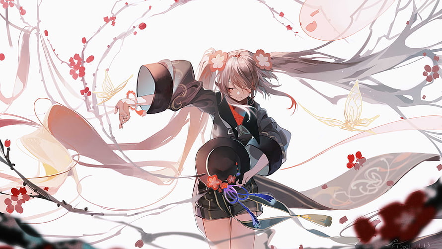 Hu Tao in Black Dress with Cherry Blossoms and Flowing Ribbons HD wallpaper