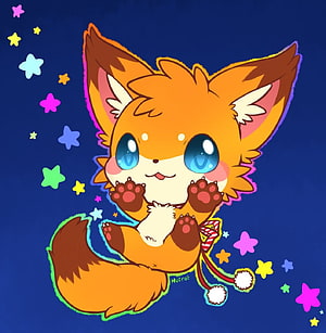 Cute Kawaii Fox Character with Blue Eyes and Colorful Stars on Dark Blue Background HD phone wallpaper