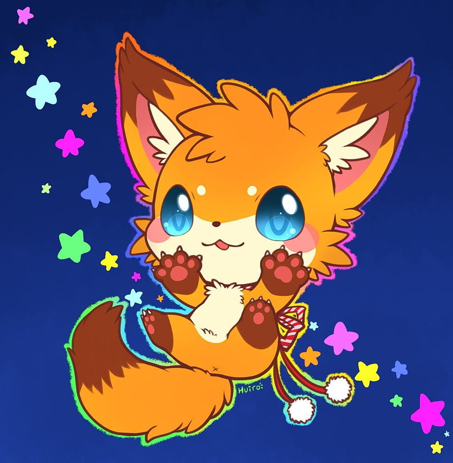 Cute Kawaii Fox Character with Blue Eyes and Colorful Stars on Dark Blue Background HD phone wallpaper