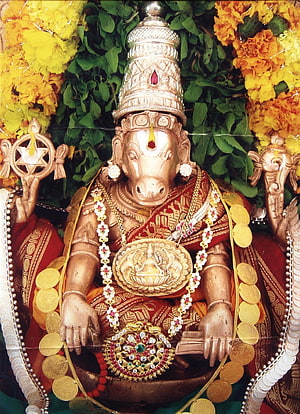 Ornate Hayagriva Murali Statue Adorned With Gold Coins And Marigold Flowers HD phone wallpaper