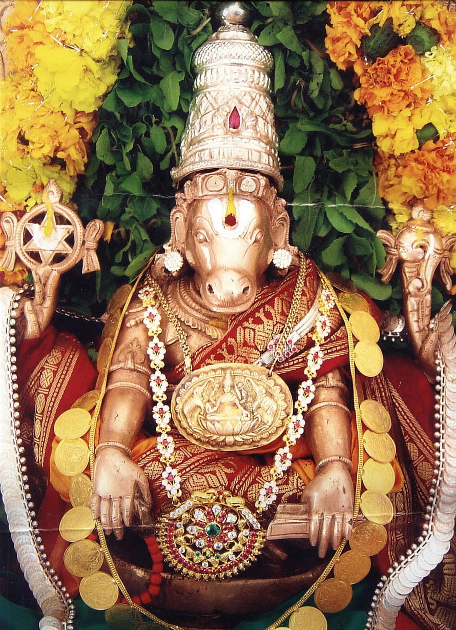 Ornate Hayagriva Murali Statue Adorned With Gold Coins And Marigold Flowers HD phone wallpaper