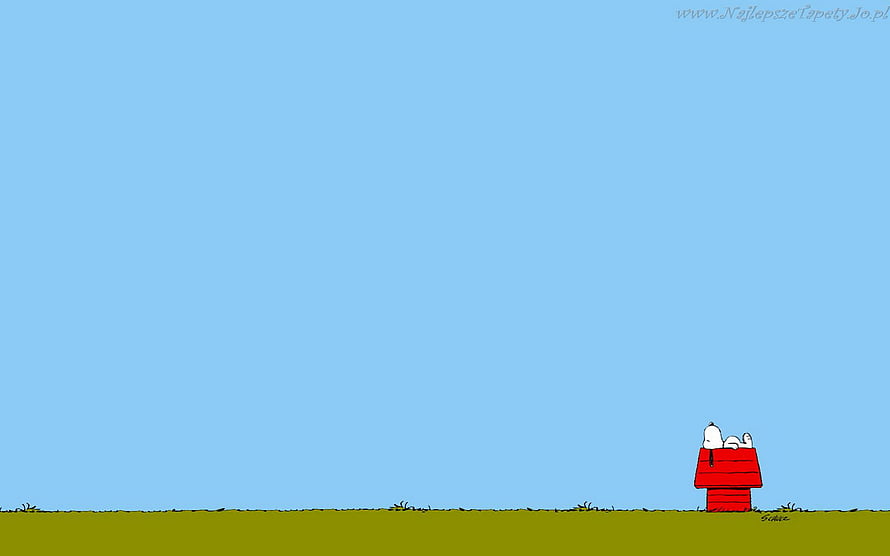 Snoopy Sitting on Red Doghouse in Minimalist Blue Sky Landscape HD wallpaper