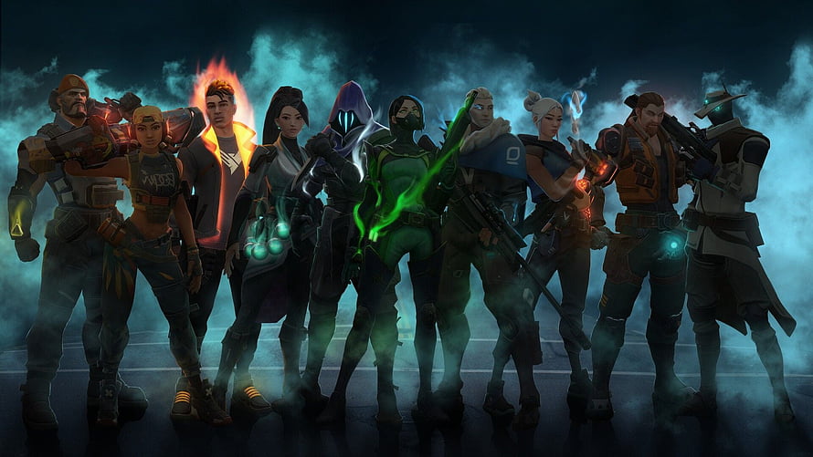 Valorant Agent Roster Lineup in Dramatic Fog and Neon Lighting HD wallpaper