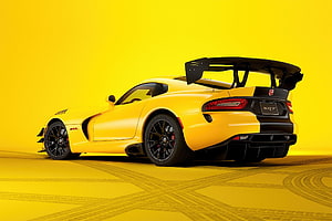 Dodge Viper SRT ACR Yellow Rear Three-Quarter View with Large Rear Wing and Black Wheels HD wallpaper