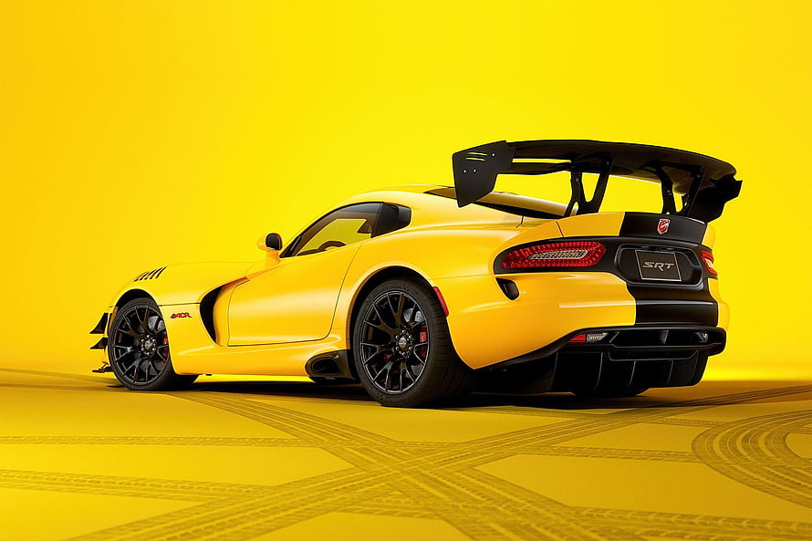 Dodge Viper SRT ACR Yellow Rear Three-Quarter View with Large Rear Wing and Black Wheels HD wallpaper