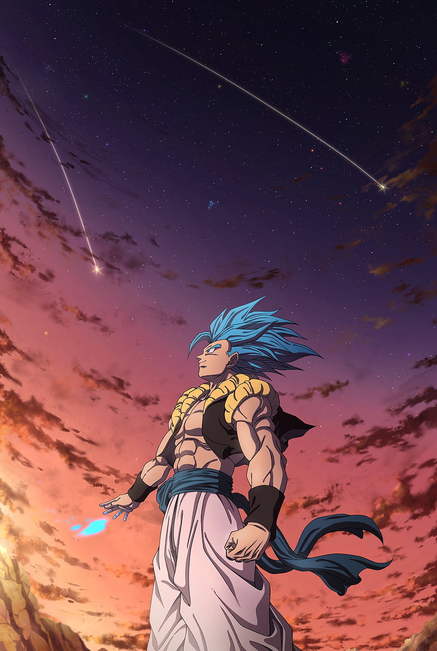 Gogeta Super Saiyan Blue Standing Under a Starry Sky with Shooting Stars HD phone wallpaper