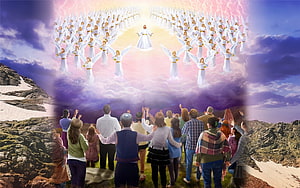 Second Coming of Jesus with Heavenly Choir of Angels and Worshipping Crowd HD wallpaper